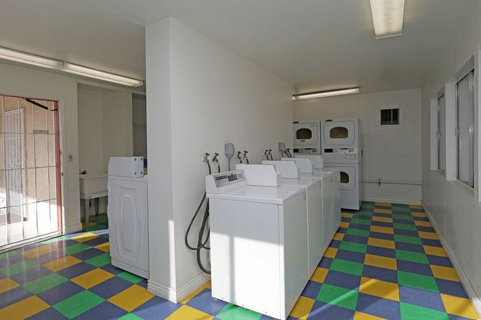 Bright and functional laundry room with modern washing machines, vibrant checkered flooring, and ample natural light.