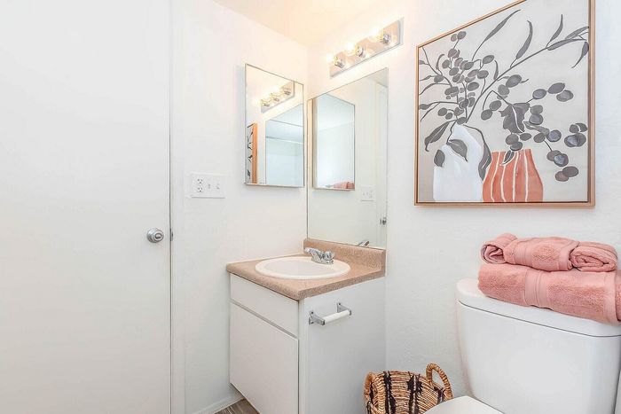Bright and elegant bathroom featuring a modern vanity with a stylish mirror, complemented by soft pink towels and sophisticated wall art.
