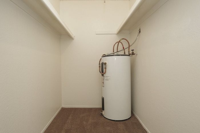 Spacious utility room with modern water heater and plush carpeting, offering practical storage solutions.