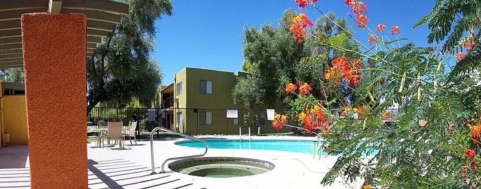 Inviting outdoor pool area with vibrant flowers and modern apartment buildings surrounded by lush greenery.
