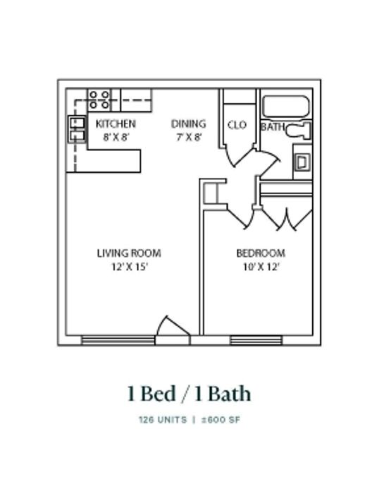 Modern 1 bed, 1 bath floor plan featuring a spacious living room, cozy kitchen, and dedicated dining area, perfectly designed for comfort with 600 sq ft of space.