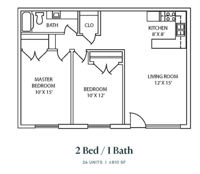 Two bedroom, one bath remodeled floor plan (810 sq ft) at Miramonte on 3rd in Tucson