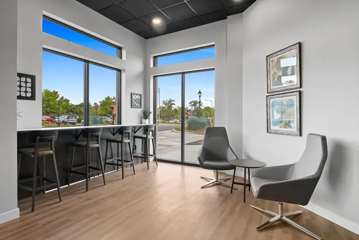 Bright and modern lounge area featuring stylish gray chairs, sleek bar seating, and large windows overlooking a vibrant outdoor view.
