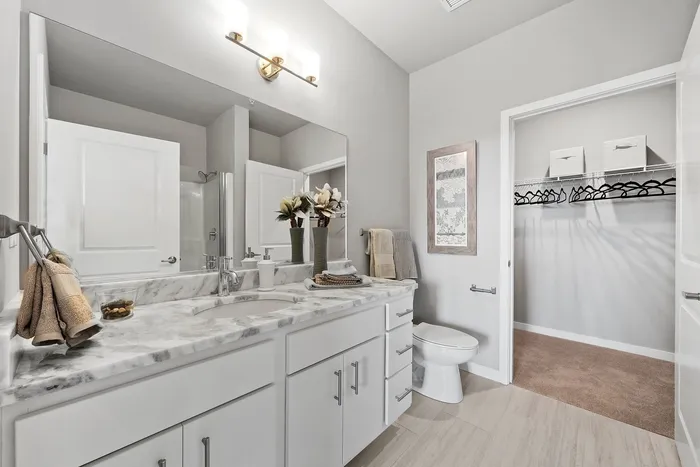 Elegant and modern bathroom with marble countertop and dual sinks, featuring ample cabinetry and a spacious walk-in closet.