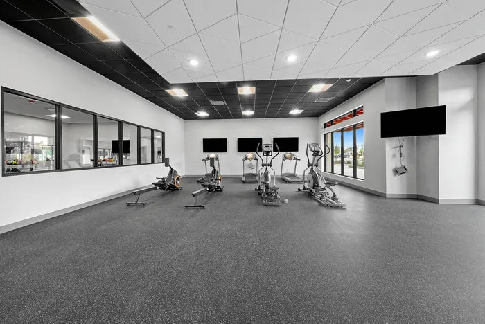Sleek gym with modern exercise equipment and spacious layout, featuring large windows for natural light.