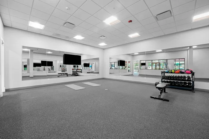 Spacious modern gym with mirrored walls, exercise mats, and a rack of colorful medicine balls, offering a bright workout environment.