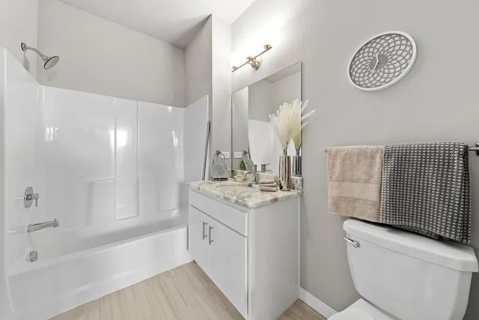 Elegant and bright bathroom featuring a sleek vanity with marble countertop, modern fixtures, and a spacious bathtub.