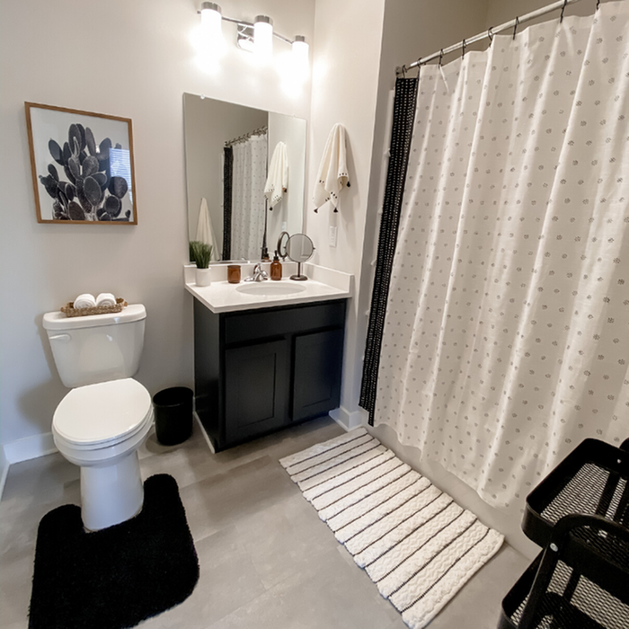 Black cabinetry & large mirror in bathroom at Incite at Troy | Off-Campus Housing in Troy, NY