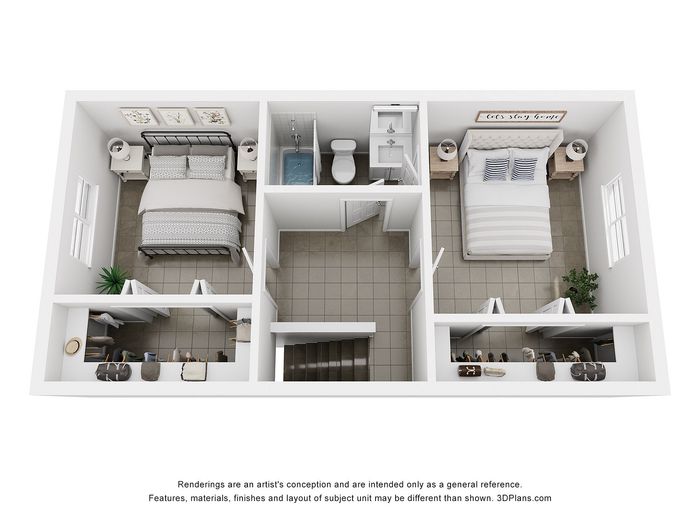 Modern 2D floor plan highlighting two cozy bedrooms, stylish bathroom, and ample closet space.