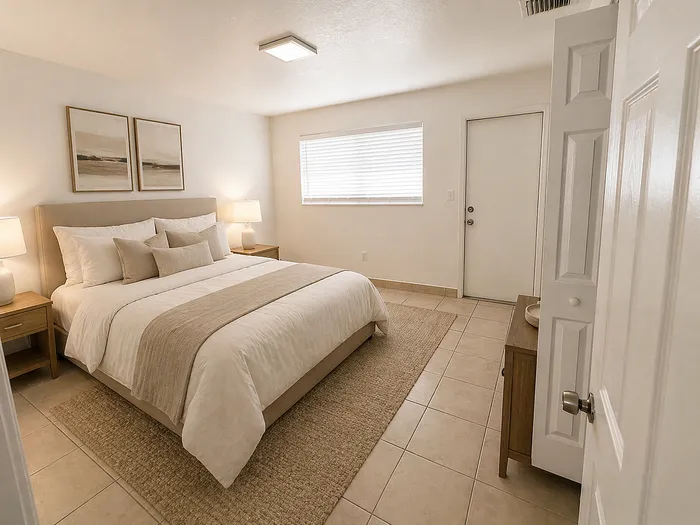 Inviting bedroom with modern decor, elegant bedding, and soft ambient lighting, creating a serene retreat.