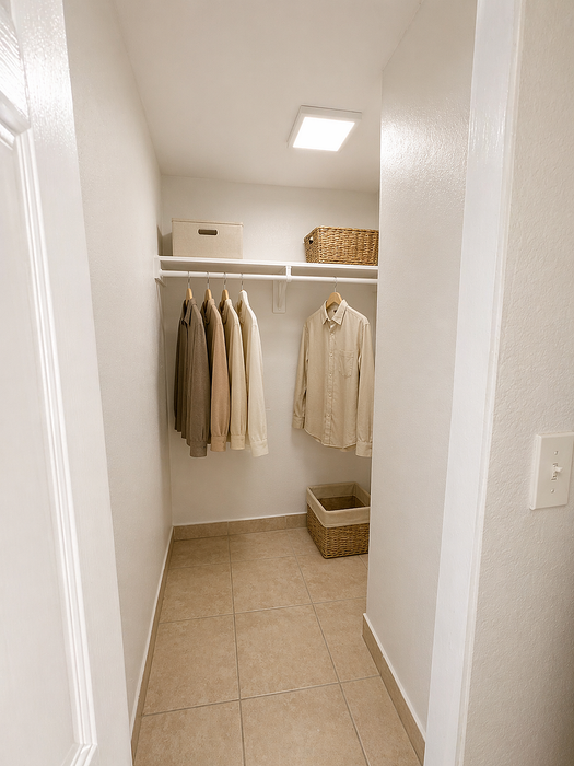 Bright and organized walk-in closet with tile flooring, featuring neatly hung neutral clothing and storage baskets.