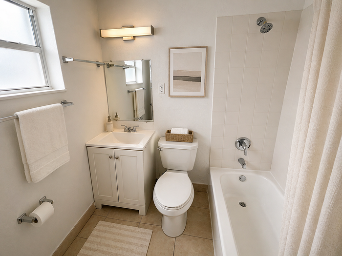 Bright and modern bathroom featuring a sleek vanity, elegant bathtub, and a large mirror with soft lighting.