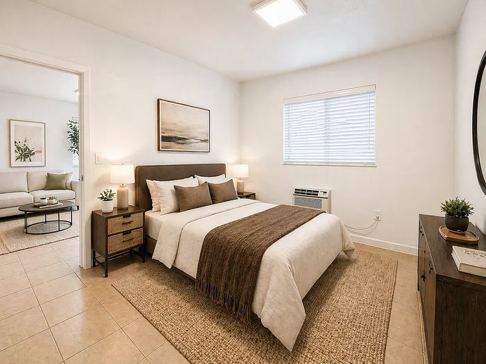 Inviting bedroom with cozy decor, warm lighting, and access to a stylish living area, ideal for relaxation.