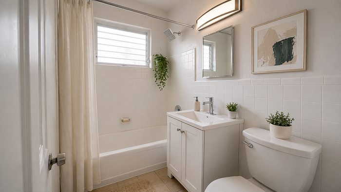 Bright, modern bathroom with elegant fixtures, a lush indoor plant, and contemporary wall art.