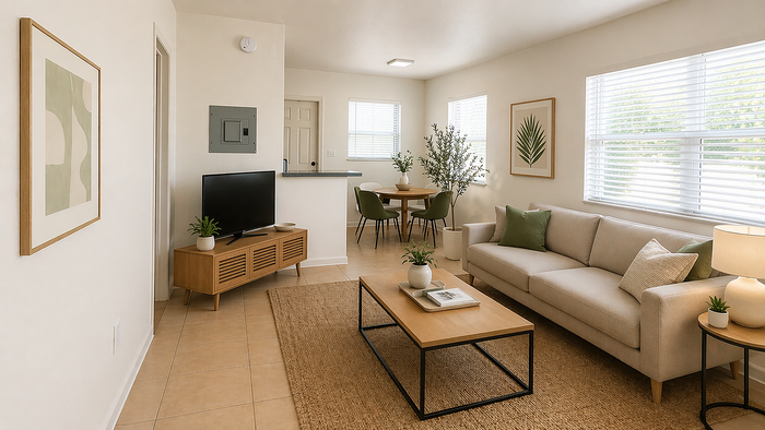 Bright and welcoming living area featuring a cozy beige sofa, modern TV setup, and dining nook with elegant green chairs.