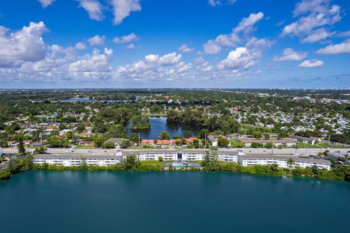 Captivating aerial view of a vibrant lakeside neighborhood with lush greenery, serene water, and charming homes under a bright blue sky.