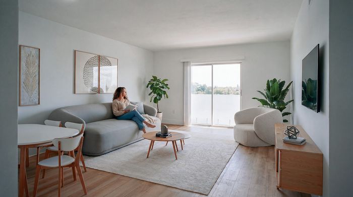 Modern living room featuring elegant decor, cozy seating, lush greenery, and floor-to-ceiling windows opening to a serene view.