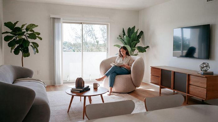 Bright and inviting living room with modern decor, featuring a cozy reading nook, lush green plants, and floor-to-ceiling windows.