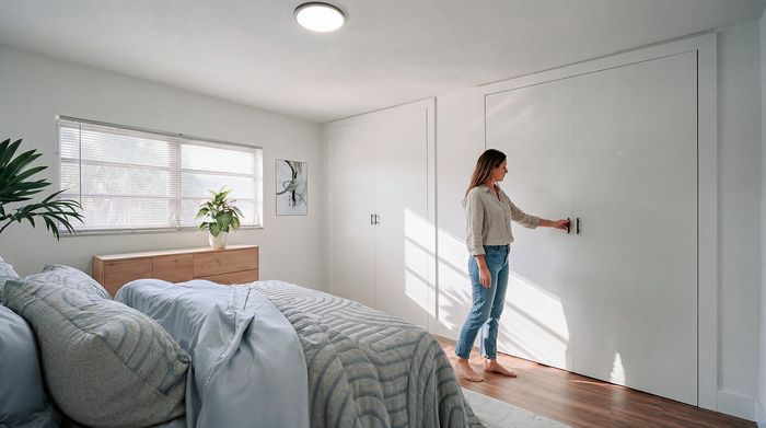 Bright and cozy bedroom with elegant decor, featuring a large window, modern closet, and inviting natural light.