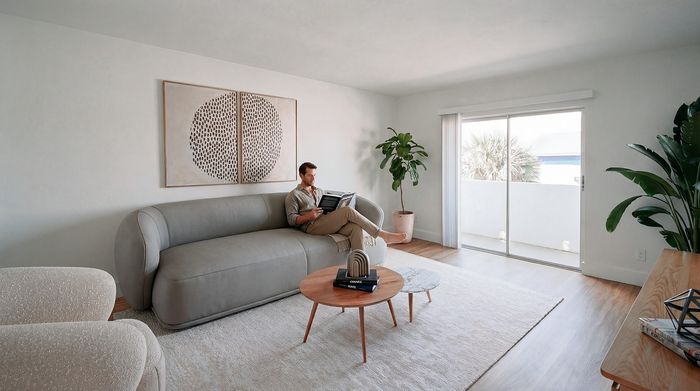 Modern living room with sleek gray sofa, cozy armchair, stylish coffee table, and a large sliding glass door opening to a balcony with lush greenery.