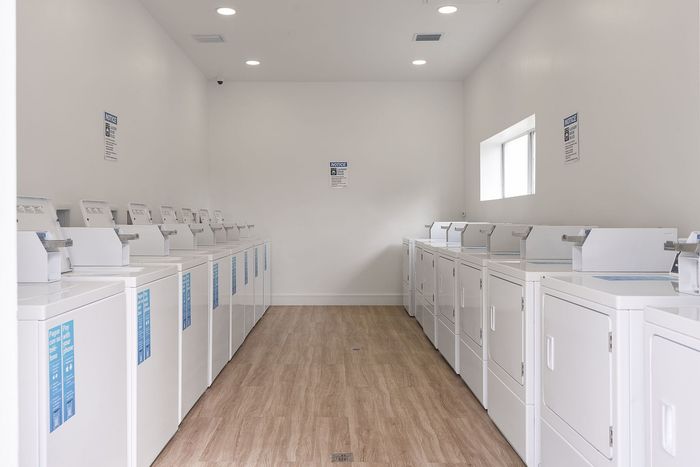 Spacious and modern laundry facility with rows of washers and dryers, featuring sleek white appliances and warm wooden flooring.