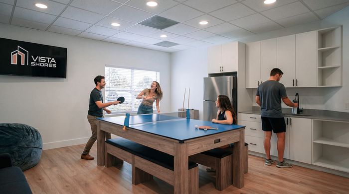 Modern recreation room at Vista Shores featuring a stylish ping pong table, cozy seating, and a sleek kitchenette.