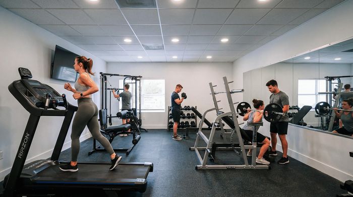 Modern fitness center with state-of-the-art equipment and lively atmosphere, featuring individuals engaged in a variety of workouts.
