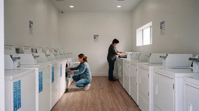 Spacious and modern laundry room with rows of high-efficiency washers and dryers, perfect for convenient living.