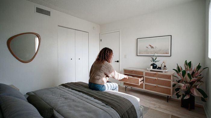 Chic bedroom showcasing elegant decor, a cozy bed, stylish dresser, and vibrant houseplant.
