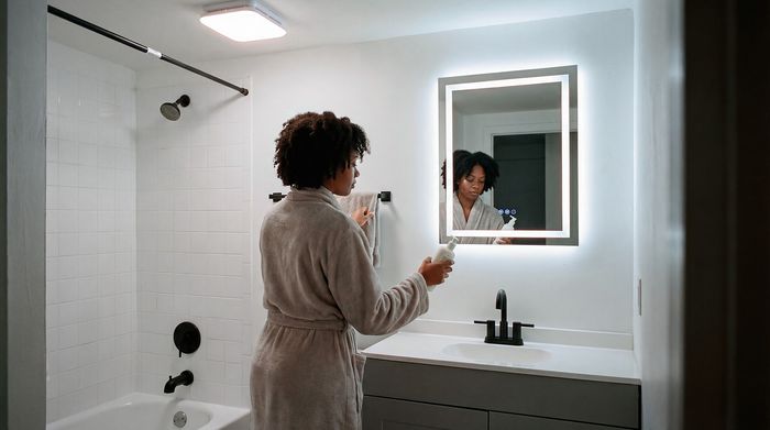 Modern bathroom with stylish lighting, featuring a sleek vanity and spacious shower area.