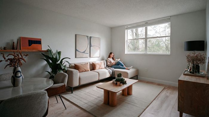 Cozy and inviting living room with natural light, featuring a contemporary sofa, stylish coffee table, and lush greenery by the window.