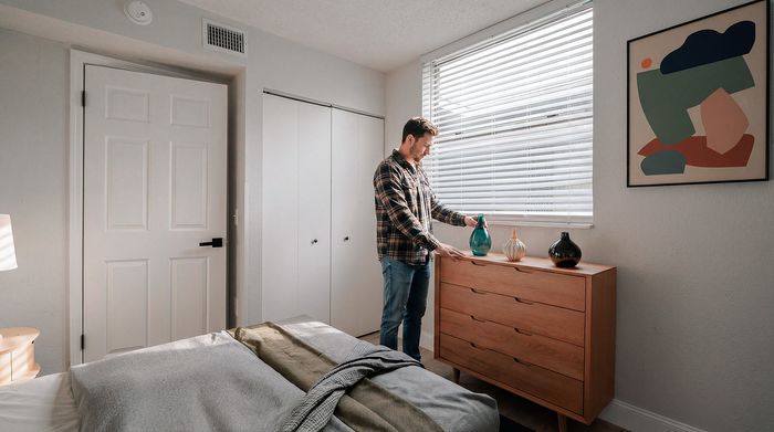 Cozy bedroom with abundant natural light, featuring a stylish wooden dresser, chic decor, and abstract wall art.