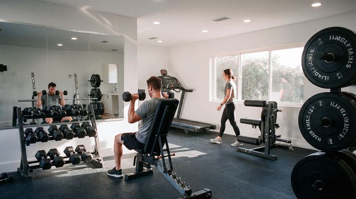 Modern fitness center with abundant natural light, featuring a diverse range of equipment including dumbbells, a bench for exercises, and a treadmill, perfect for an invigorating workout.