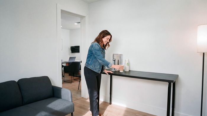 Bright and inviting living space featuring a woman enjoying a drink, cozy gray sofa, and modern office area in the background.