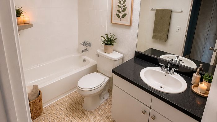 Elegant bathroom with modern fixtures, featuring a sleek black countertop, cozy candles, and soft ambient lighting.