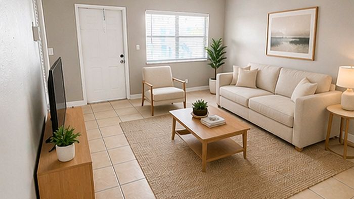 Bright and inviting living room with modern beige sofa, sleek TV stand, and elegant decor, offering a cozy atmosphere.