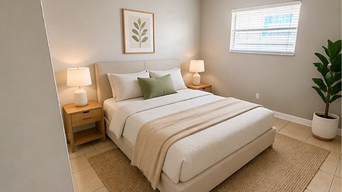 Inviting bedroom with a cozy bed, soft beige linens, warm lighting, and chic decor for a serene atmosphere.