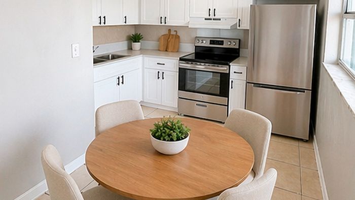 Modern kitchen with sleek stainless steel appliances, stylish dining area, and bright natural lighting.