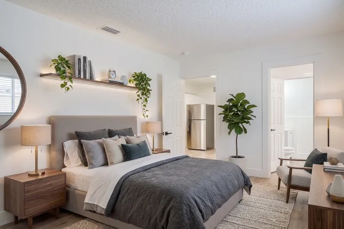 Elegant bedroom with contemporary design, featuring a cozy bed with plush pillows, stylish wooden nightstands, and lush green plants adding a touch of nature.