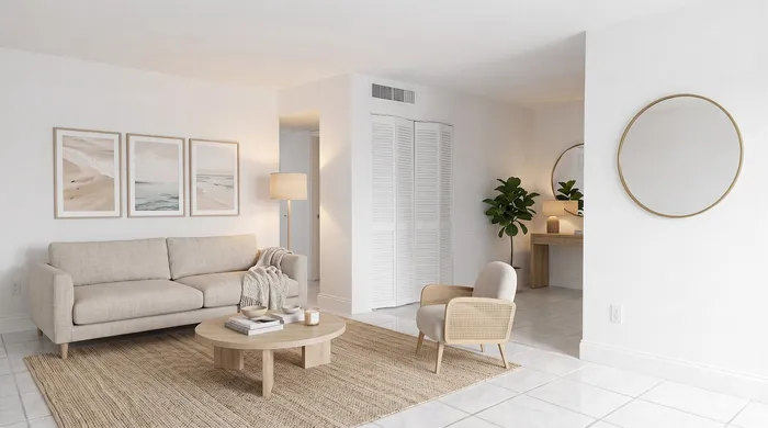 Elegant living room with a cozy beige sofa, stylish armchair, and minimalist decor. Features a large round mirror, beach-themed wall art, and abundant natural light.
