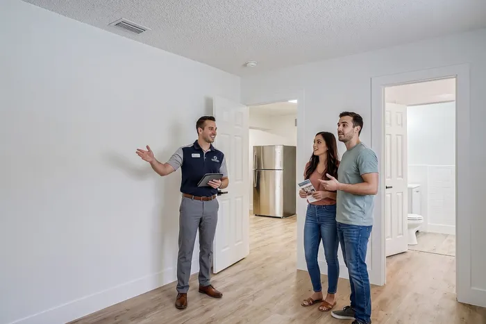 Bright apartment viewing with a couple being shown around by an agent, highlighting spacious layout and modern kitchen.