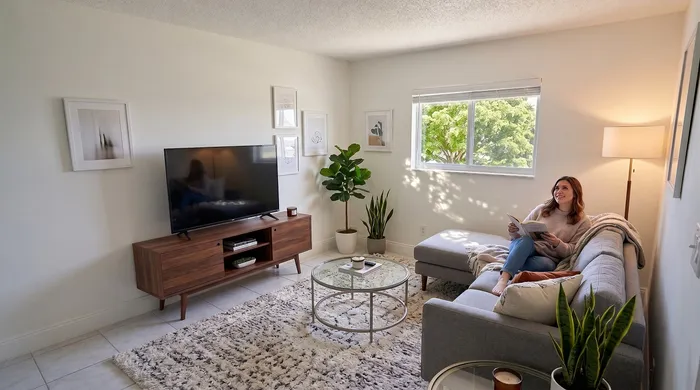 Bright and cozy living room with modern decor, featuring a comfortable grey sofa, large window with lush green view, stylish wooden TV stand, and chic indoor plants for a welcoming ambiance.
