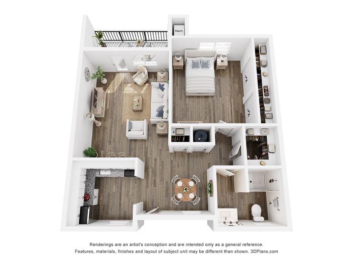 Modern 1-bedroom apartment floor plan featuring an open-concept living area, sleek kitchen, cozy bedroom, and elegant balcony space.