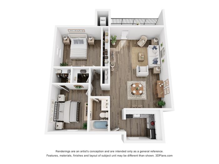 Modern 3D floor plan showcasing 2 elegant bedrooms, an open-concept living area, and a cozy kitchen, perfect for a stylish lifestyle.