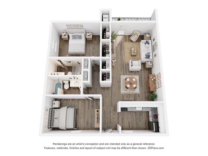 Modern 3D floor plan showcasing a bright 2-bedroom apartment, cozy living area, open dining space, and stylish kitchen design.