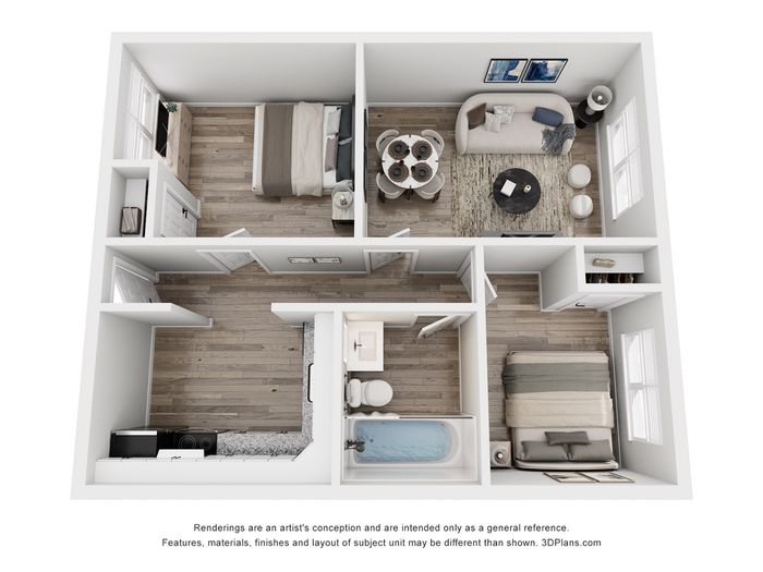 Modern 3D floor plan showcasing two cozy bedrooms, an inviting living room with elegant seating, and a functional kitchen.
