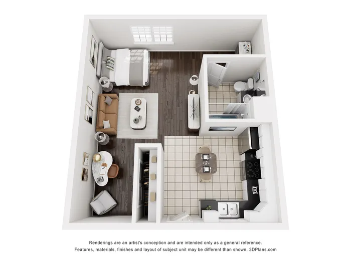 Chic studio apartment layout featuring cozy living area, modern kitchen, and elegant bathroom.