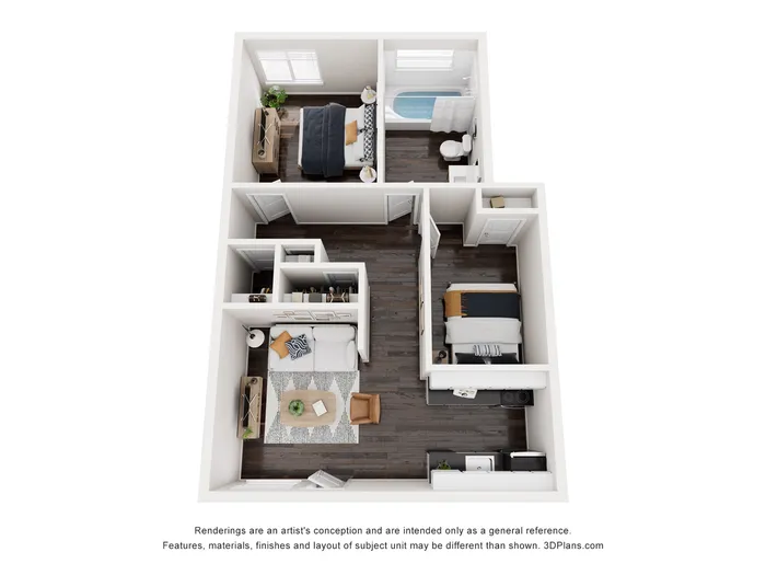 Modern 3D floor plan featuring two bedrooms, a cozy living area, sleek kitchen, and elegant bathroom.