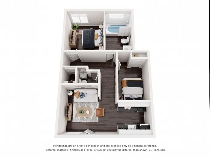 Modern 3D floor plan showcasing a cozy 2-bedroom apartment with a sleek living room, a compact kitchen, and a stylish bathroom.