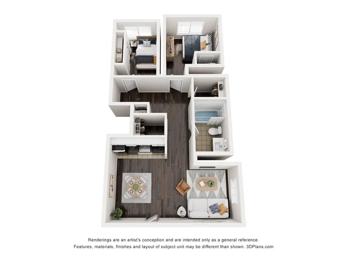 Chic floor plan featuring a modern 3-bedroom layout with hardwood floors, cozy living area, and sleek kitchen design.